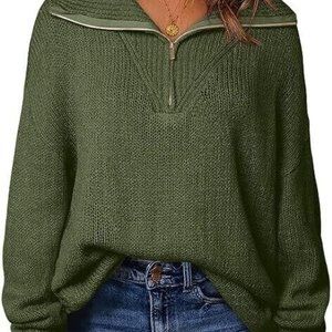 Women's Casual 1/4 Zip knit Pullover Polo sweater, V Neck Long Green, size Large